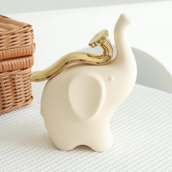 Matte Ceramic Elephant Ornament with Gold Plated Trunk
