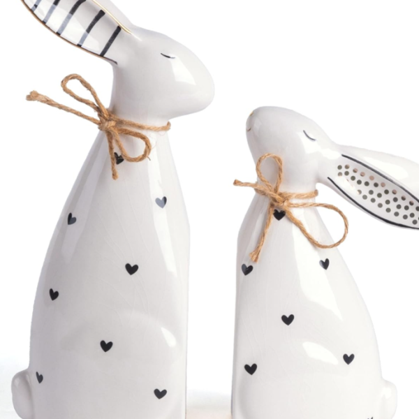 Heart Patterned Ceramic Rabbit Pair with Jute Bows