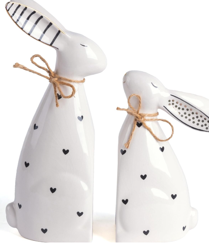 Heart Patterned Ceramic Rabbit Pair with Jute Bows